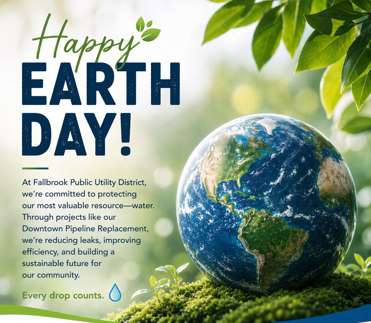 fallbrookwater's tweet photo. 🌎 Happy Earth Day, Fallbrook! At #FPUD, investing in pipelines &amp; infrastructure like our Downtown Pipeline Replacement Project helps conserve water by reducing leaks and improving water system reliability.  Keeping our community strong and sustainable. 💪 https://t.co/Xvuqkg7bJA