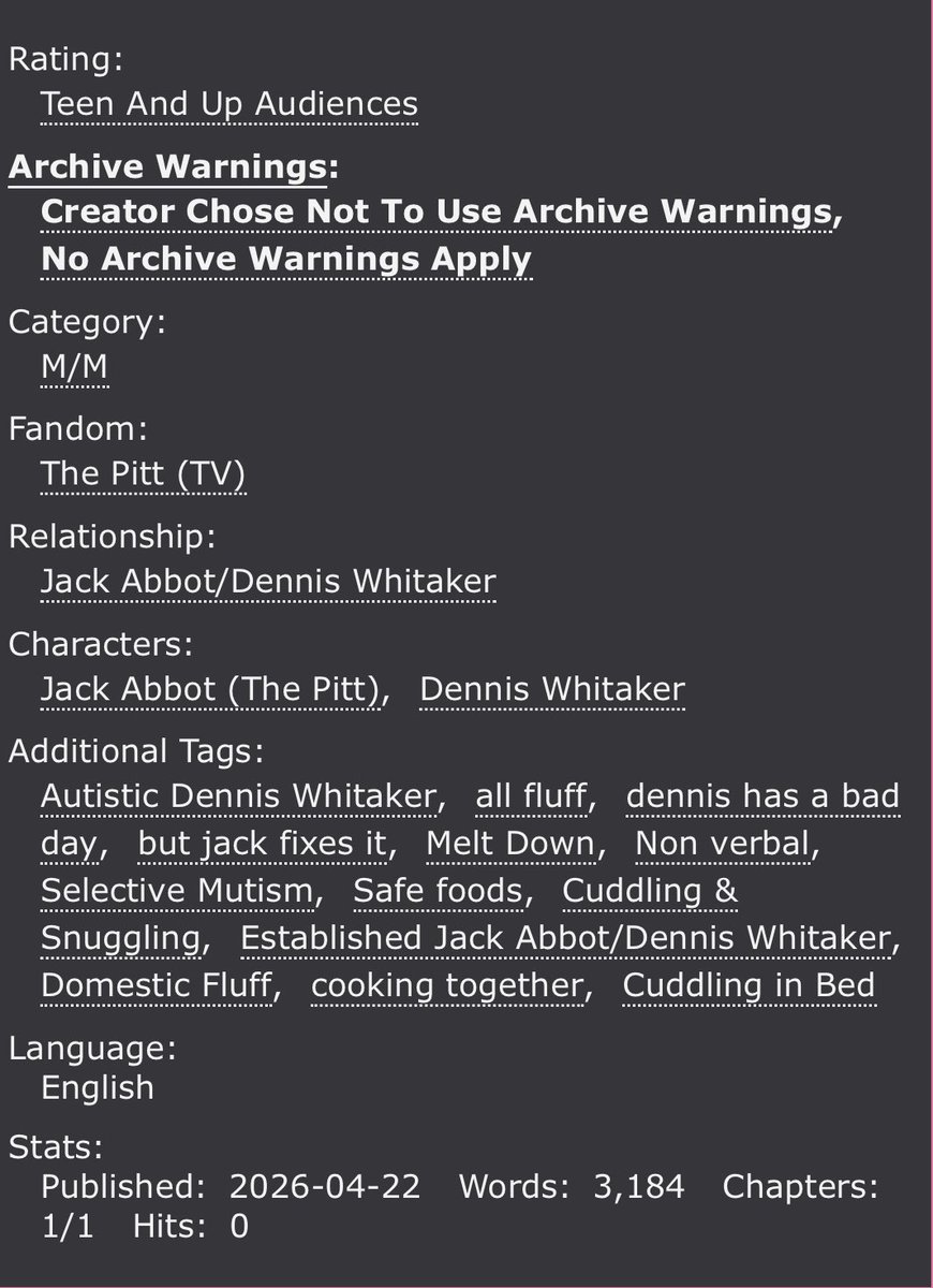 Kittyindapitt's tweet image. GIVEAWAY PRIZE FOR @transLBH 

Come home to me. Come home to safety. 

#huckleabbot • Fully SFW • Teen and up • 3.1k 

Autistic Dennis • Established relationship • domestic fluff • caring Jack • 

archiveofourown.org/works/83603486