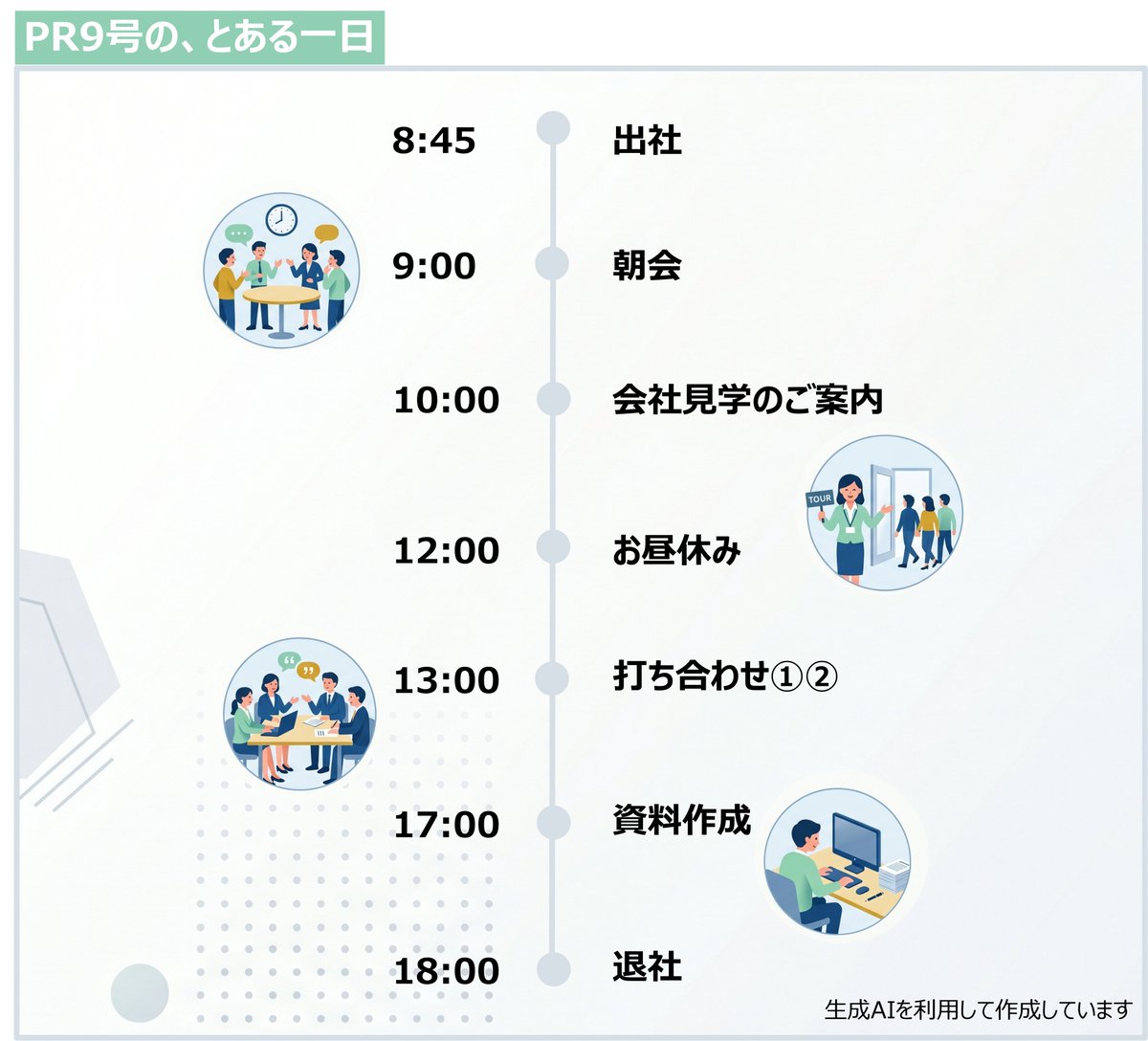 Ros_PR_2020's tweet photo. PR9号の“とある一日”をイラストにしてみました。
みなさんの一日は、どんなスケジュールですか？ https://t.co/L3aHU38dIb