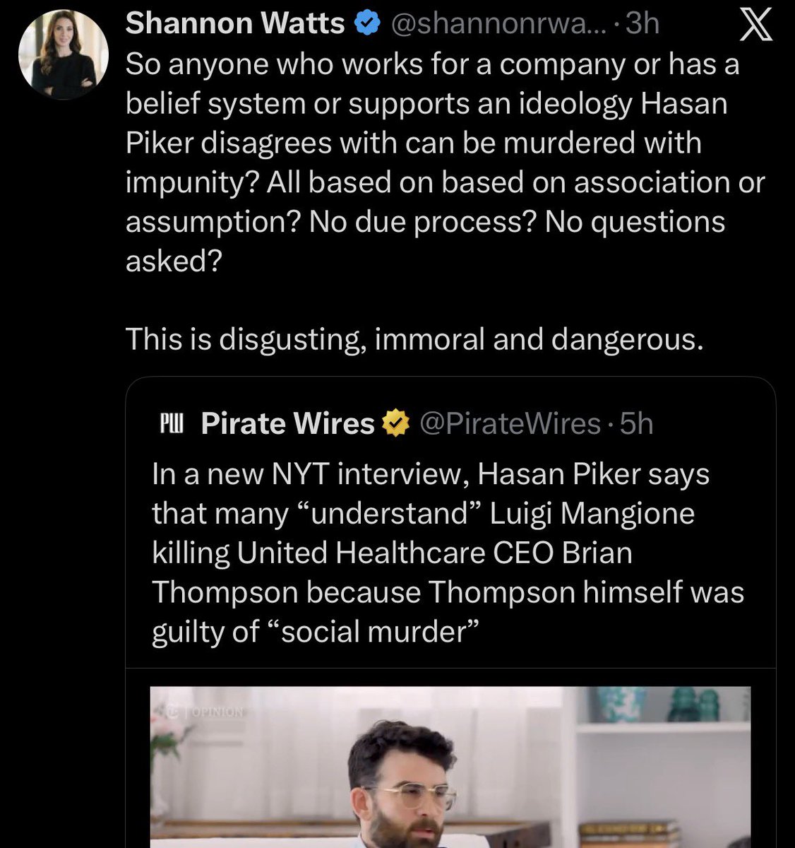 “Anyone who works for a company” and it was the CEO of UnitedHealth Group, a private health insurance company that uses AI with a 90% error rate to intentionally deny claims so they can commit social murder on a mass scale