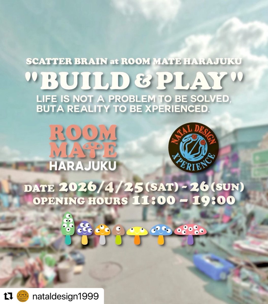 wonder__works's tweet photo. 今週末はこちらへ。

@nataldesign1999 
【SCATTER BRAIN at ROOM MATE HARAJUKU】
来週４月25＆26日のSCATTER BRAINでは
“BUILD &amp; PLAY” 
をテーマに、アーティストや作家、ブランドによる作品・アイテムの販売はもちろん、大人気のワークショップもお楽しみいただける内容となっております。 https://t.co/Vu0m42kG28