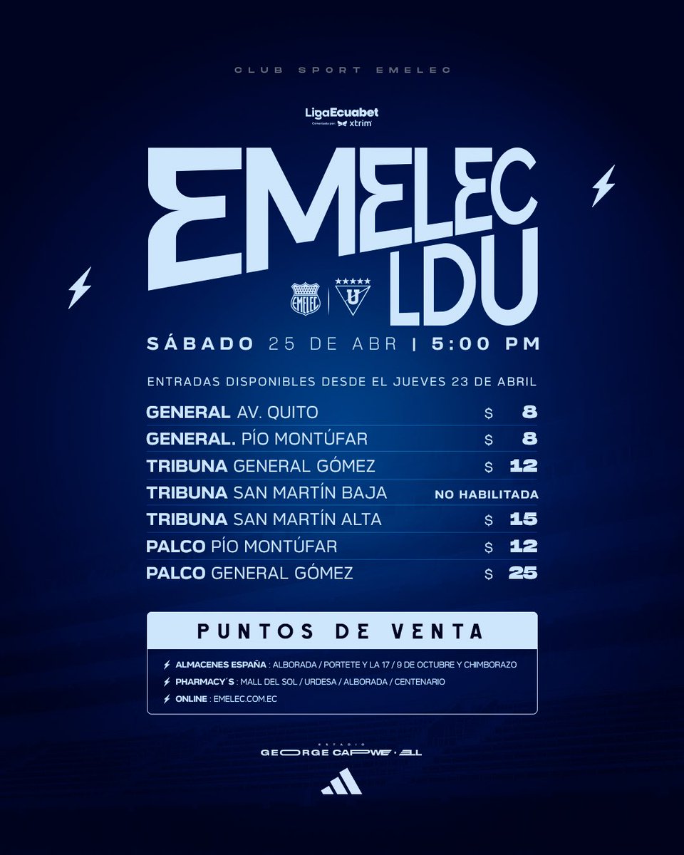 PRÓXIMO PARTIDO EN CASA 🔵

🆚 LDU (Q) 
🏆 Liga Ecuabet conectada por Xtrim
📅 Sáb. 25 de Abril
⏰ 17H00
🏟️ Estadio George Capwell

🎟️ Compra tu entrada y alienta al Bombillo.

📍 Puntos de venta:
🏟️ Boleterías del estadio
🏢 Almacenes España
💻 emelec.com.ec