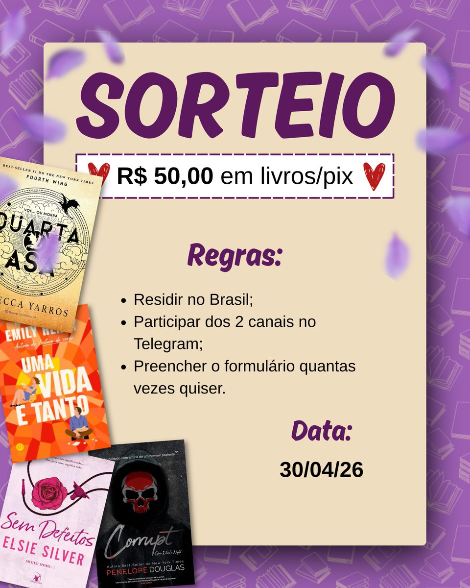 ✨ SORTEIO

🏆 PRÊMIO:

💸 R$50 em livros ou em Pix.

🚨 REGRAS:

📌 Participar dos canais Lilianverso e LV Achados no Telegram (links nos comentários);
📌 Residir no Brasil;
📌 Pode preencher o formulário quantas vezes quiser (link fixado nos canais).

🗓 DATA:

📍 O sorteio