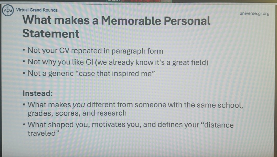 BilalMohammadMD's tweet photo. #PersonalStatements - An absolute masterclass 🔥🔥 by #IanGrimes from @uw_GIHep 

#ACGVGR on “How to be a competitive applicant”

@AmCollegeGastro #FutureOfGI https://t.co/GYKkdQaU0A