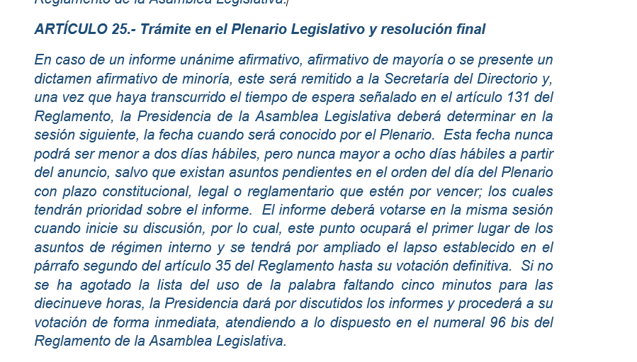 El artículo 25 del Reglamento contra el hostigamiento sexual en la Asamblea señala que Rodrigo Arias, como presidente legislativo, debe definir la fecha en que se discuta el informe sobre presunto abuso sexual cometido por Fabricio Alvarado, en el plenario. <a href="/nacion/">La Nación</a>