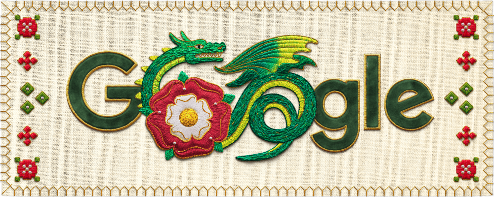 聖ゲオルギウスの祝日のGoogleロゴ！今年は刺繍っぽいスタイルでドラゴンとテューダーローズと赤い十字があしらわれてる🐉🌹
#GoogleDoodle doodles.google/doodle/st-geor…