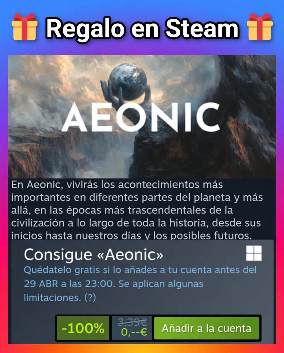 JUEGOSYDISFRUTE's tweet image. Después de finalizada la protesta vuelvo a postear 🎁
¿Vivirás los acontecimientos ?

✅ Consigue GRATIS el juego
 " AEONIC " en Steam si lo añades a tu cuenta antes del 29/4 a las 23:00
✅ Enlace: store.steampowered.com/app/3277530/Ae…

@Steam #Steam #gratis #FelizJueves