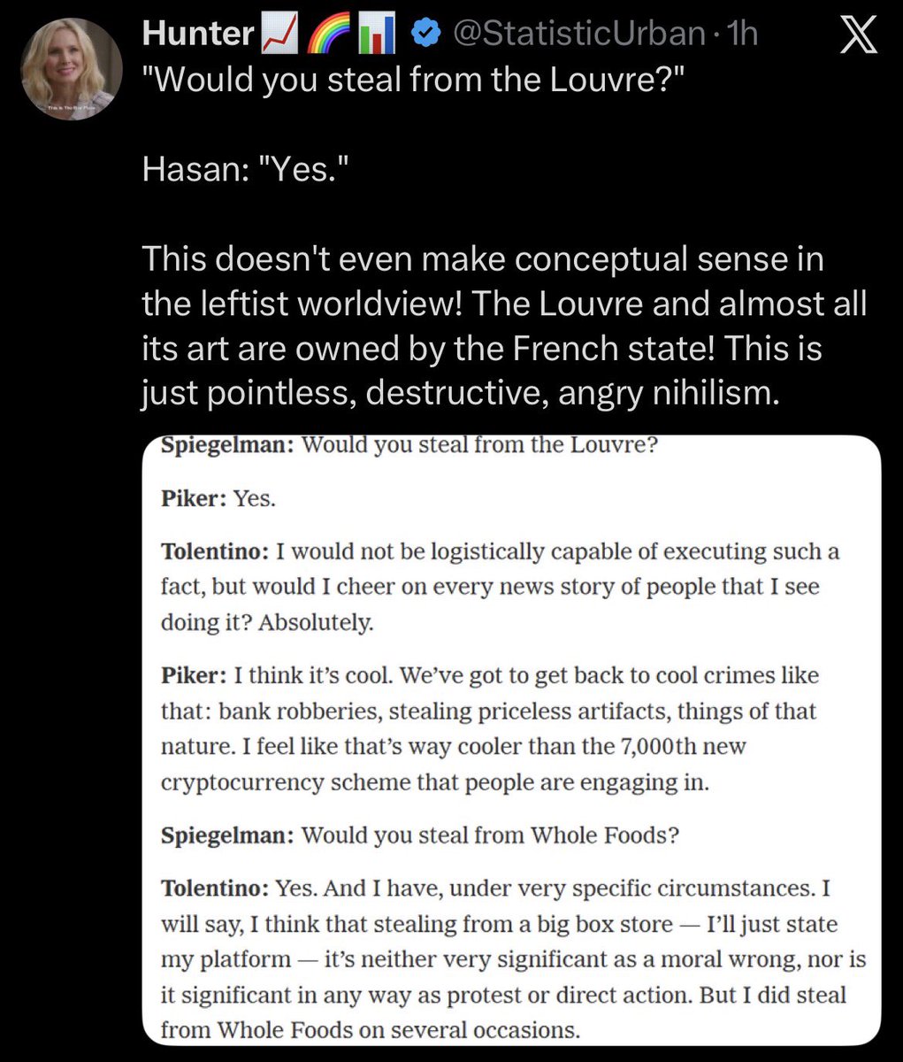 Thousands of pieces of art &amp; relics in the Louvre were acquired through colonial theft and looting. Crymoaning about this shit is genuinely embarrassing.