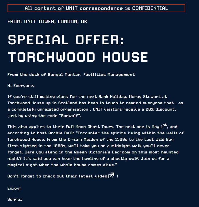 WhovianLife's tweet image. new message from UNIT (came out yesterday) relating to the 20th Anniversary of Tooth and Claw.. 

Love that they used "Badwolf" as the discount code..  #DoctorWho