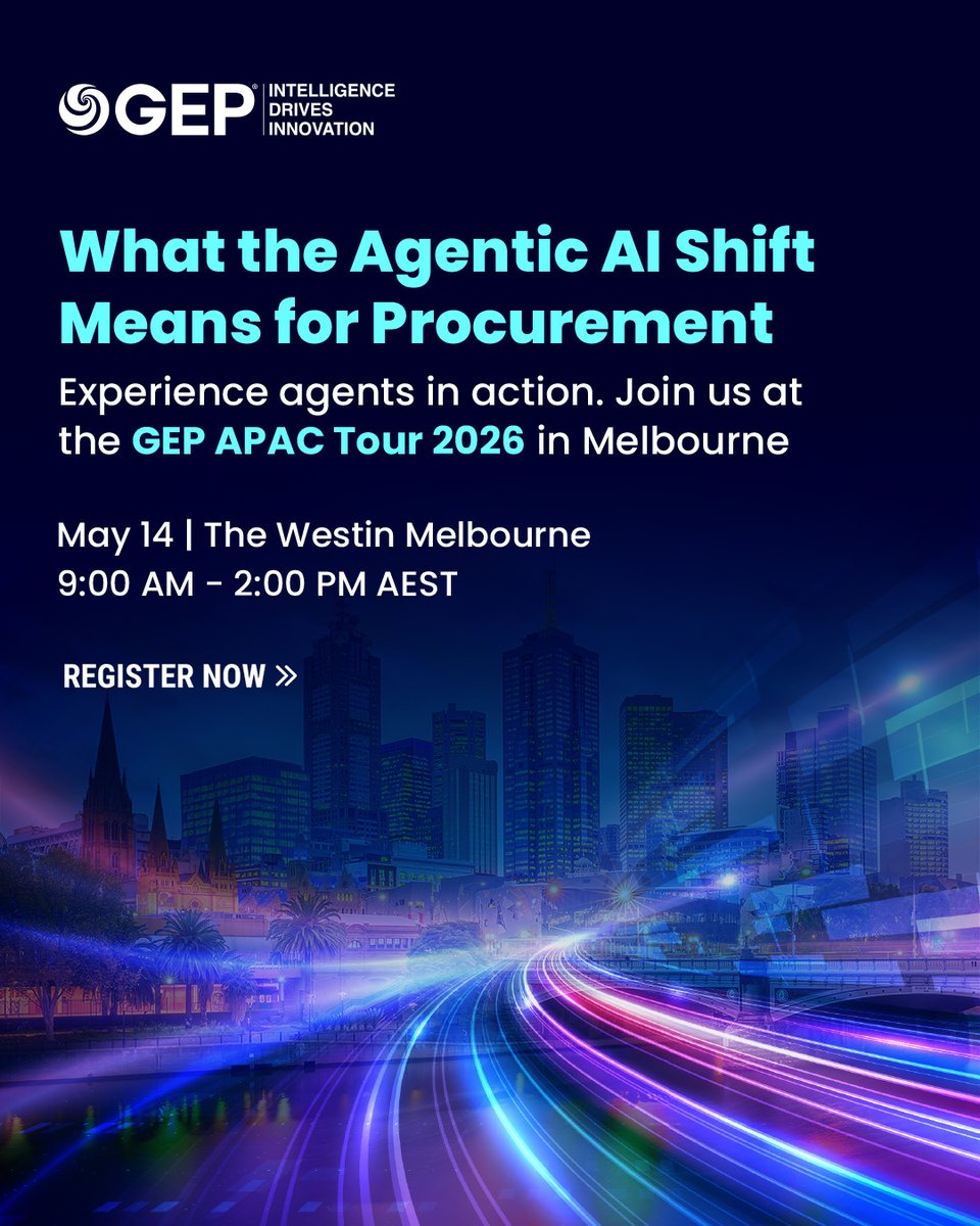 GEP_Worldwide's tweet image. #Agentic AI is reshaping #procurement. See it live at the GEP APAC Tour in Melbourne on May 14. Build your own agent, discover real-world use cases and experience GEP’s agentic AI — all in one evening. Register now: bit.ly/3Qqlau7
