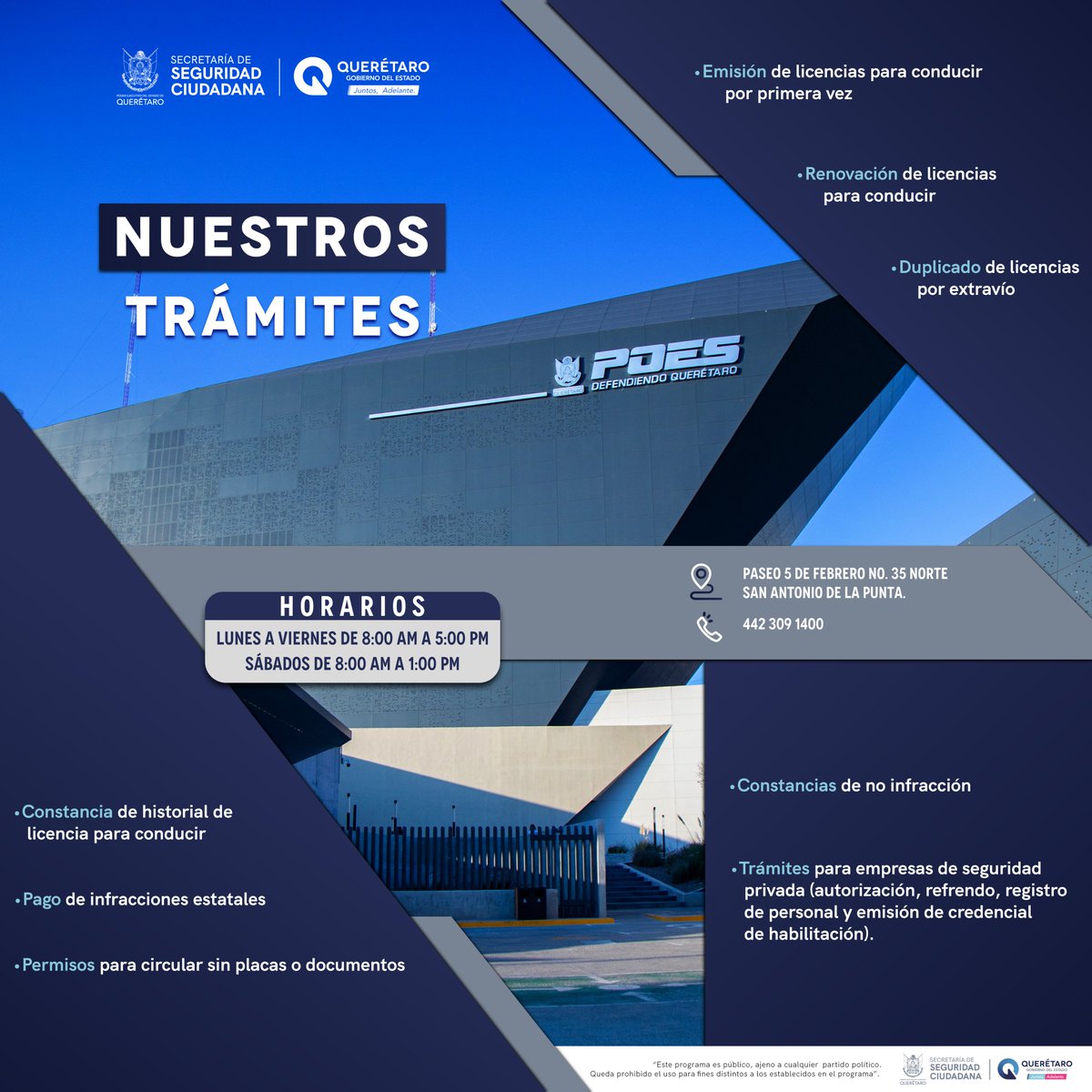 IovanPH's tweet image. En el Complejo de Seguridad #Rhino puedes realizar trámites como licencias de conducir, permisos para circular y pago de garantías, en un mismo lugar y de forma ágil.

Visítanos en Paseo 5 de Febrero #35, de lunes a sábado.

Agenda tu cita en: citaslicencias.sscqro.gob.mx

#Contigo