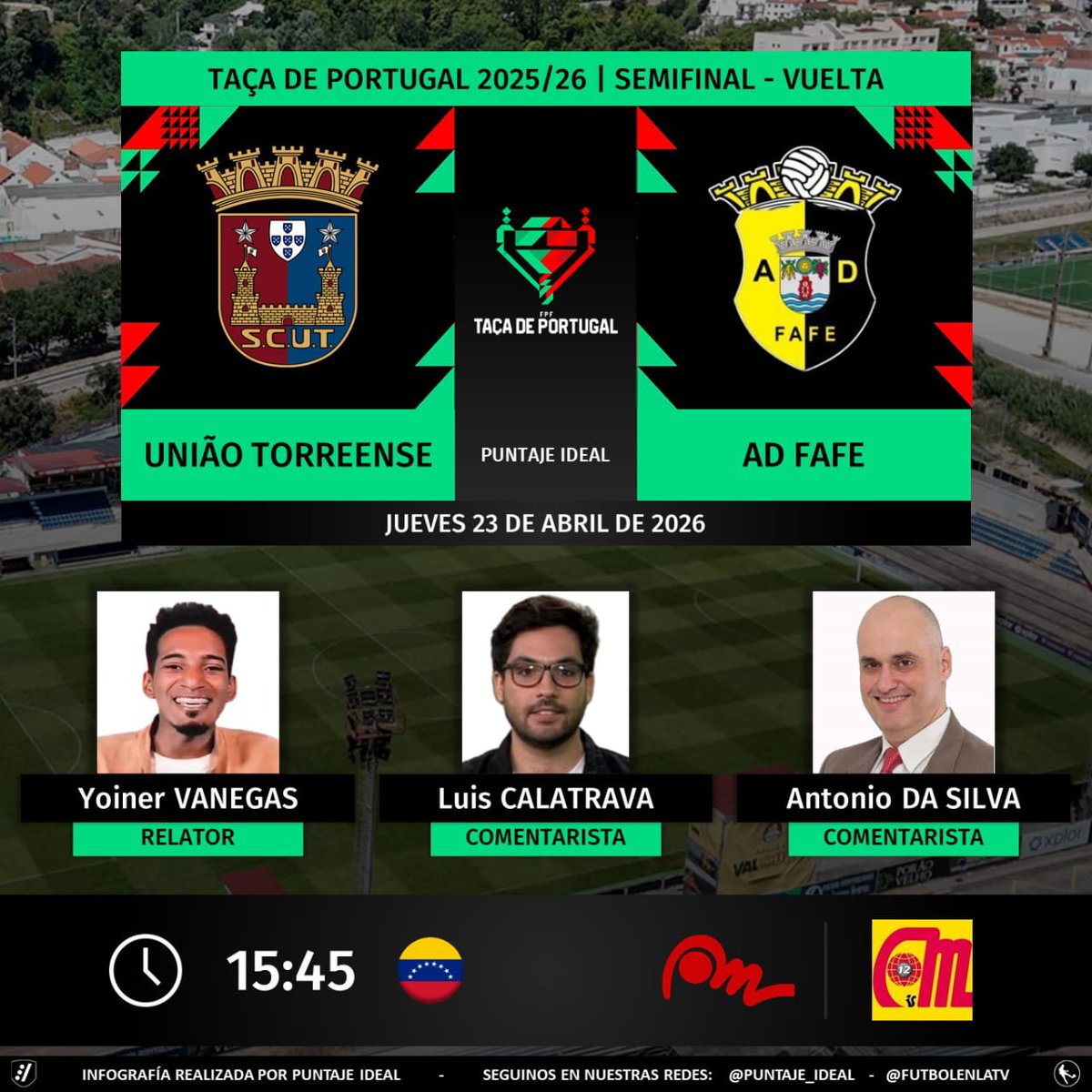Puntaje_Ideal's tweet photo. ⚽ #TaçaDePortugal 🇵🇹 | #Torreense vs. #Fafe
🎙 Relator: @SoyVanegasG
🎙 Comentaristas: @medicencala_ - @dasilvafutsal
📺 @Meridianoonline 🇻🇪
💻📱 #MeridianoNet 🇻🇪
Dale RT 🔃 https://t.co/SDmNbaIvaa