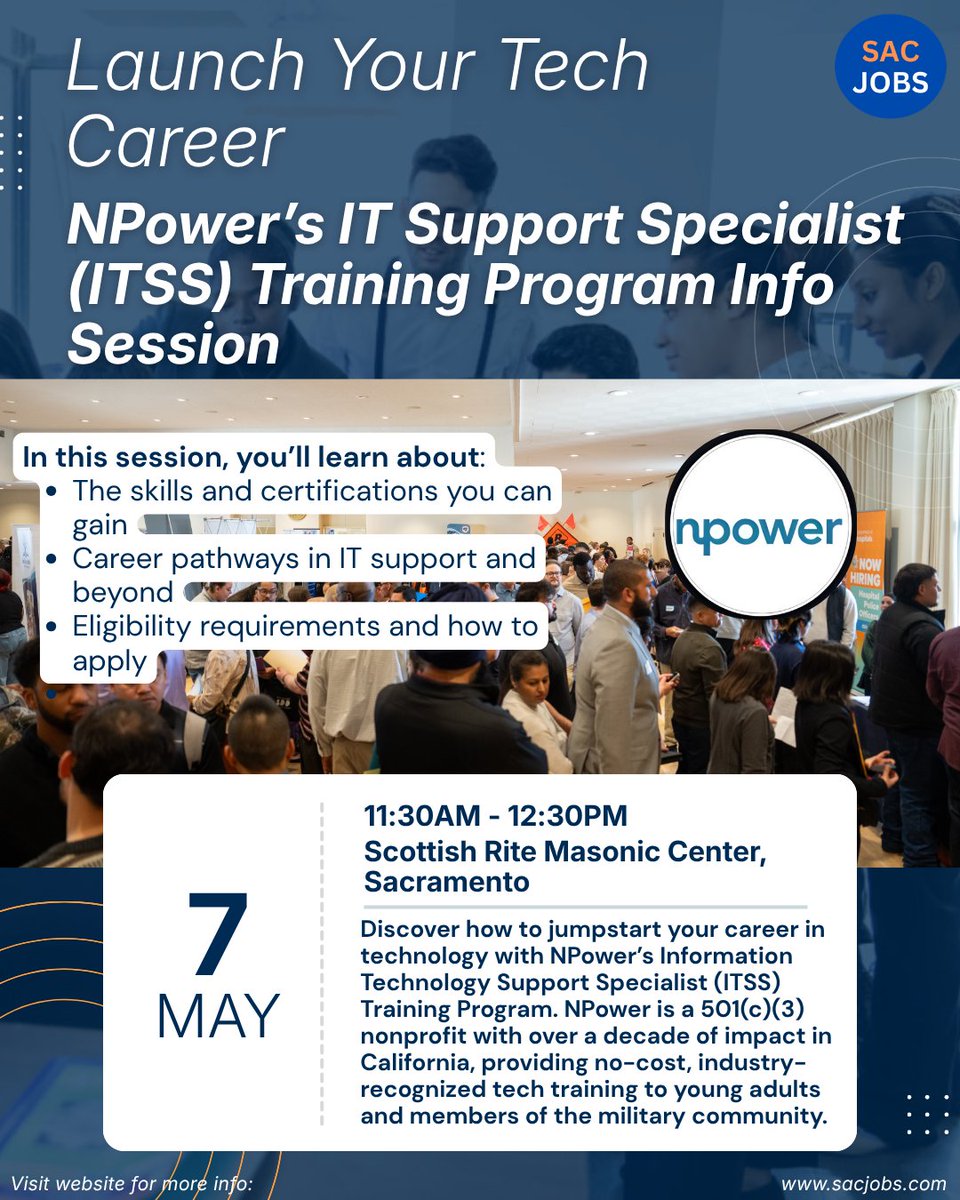 sacjobs1's tweet image. Break into tech start here 💻

Join NPower’s ITSS Info Session
Learn skills, earn certs, launch your career
Next step 👇
SacJobs Spring Career Fair
May 7 | 11AM–3PM

sacjobs.com

#SacJobs #TechCareers #ITSupport #CareerGrowth #JobTraining #CareerOpportunities