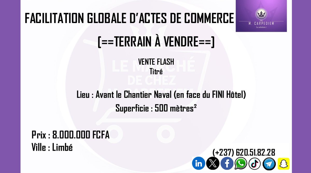 CarpediemChez's tweet photo. [==TERRAIN À VENDRE==]
Terrain titré

Lieu : Avant le Chantier Naval (En face de FINI HÔTEL)
Superficie : 500 mètres²

Ville : Limbé

Facebook :
https://t.co/mIYTm9CO7y

Catalogue WhatsApp :
https://t.co/a9pCrZDfbq

Telegram :
https://t.co/bvc5gt6rCr

#CHEZMCARPEDIEM
#LaSolution! https://t.co/KLAOzZ5c3v
