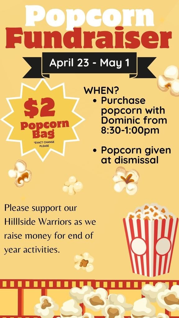 HillsideEPISD's tweet photo. Popcorn Fundraiser
$2 per bag
April 23-May 1

Venta de palomitas 
$2 por bolsa
23 de abril - 1 de mayo https://t.co/Cl42nIu7xN