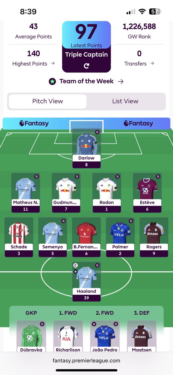 IndependentFPL's tweet photo. Will have to navigate next week+ without anymore chips. Hopefully was worth it. GW33 #FPL 97 pts -> 1890 pts, overall rank 995,487 https://t.co/dJfKOcURHI