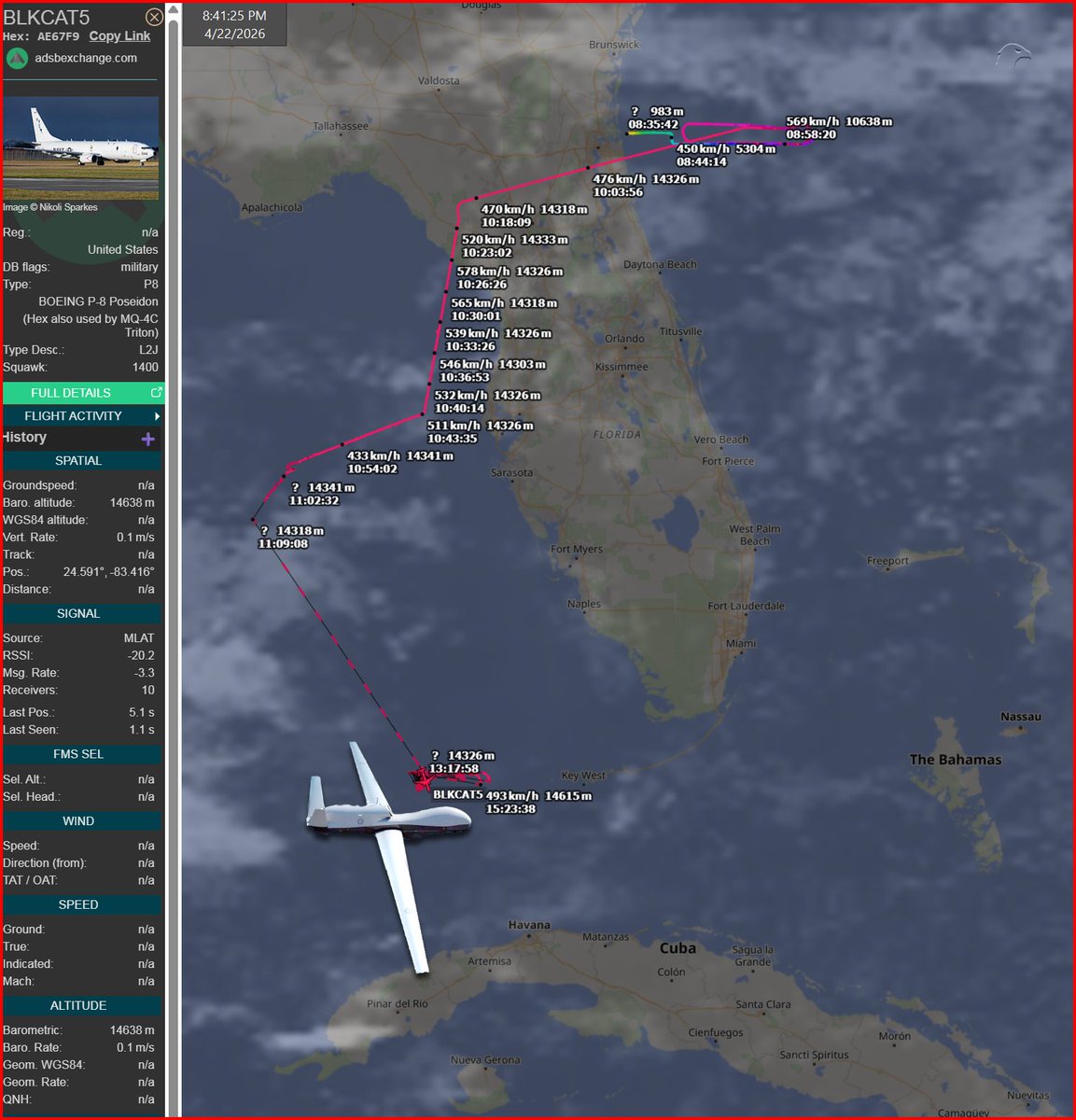 FlconEYES's tweet image. 🧐🚨 #BLKCAT5 / #AE67F9
 MQ-4C TRITON de la @USNavy otra vez en servicio activo.
A ESTA HORA!

Es el mismo drone (HEX ID) que mantuvo vigilancia sostenida durante los días de la captura de #Maduro y ahora vuelve a posicionarse sobre el Estrecho de Florida.

Por su ubicación y