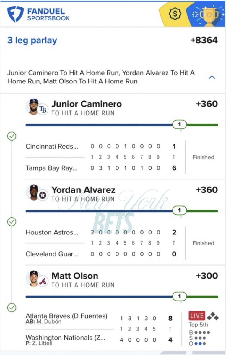 NandoThaDon's tweet image. Bang 🚨 Cash the 3rd home run ticket of the day, well 6 if you round robin to cash all the pairs from VIP ‼️🤑🤑 Junior Caminero x Yordan Alvarez x Matt Olson #VIP #MLB #homerun #parlay #fanduel #Gambling𝕏