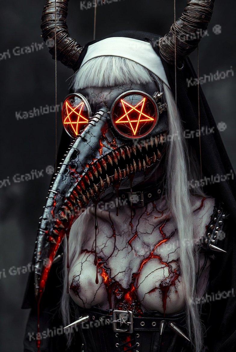 kuronightbane6's tweet photo. Bring Out Your Dead NSFW 🔞 
🖤 Demonic Marionette Plague Nun Awakens 🖤
Suspended in eternal torment, this corrupted gothic demon-nun commands the plague wasteland from her twisted marionette strings. Porcelain flesh cracks under infernal circuitry, neon pentagram eyes burning through the apocalyptic plague doctor mask, while rusted chains and black ichor drip with unholy menace.
Pure BDSM horror meets kawaii gothic nightmare in this hyper-detailed masterpiece of decay and domination.
Created with 🔥 by Kashidori Grafix ©️
#DarkArt #GothicHorror #NSFW #PlagueDoctor #DemonNun #HorrorArt #BDSMHorror #Marionette #OccultArt #ApocalypticArt #SurrealHorror #CyberGothic #BodyHorror #CreepyArt #DigitalHorror #GothicAesthetic #DarkFantasy #MacabreArt #UnholyArt #KawaiiGoth #InfernalArt