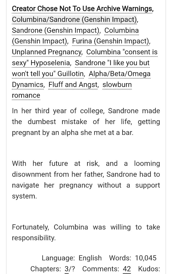 Really love the tags, and the story is amazing too??? Columbina not paying much attention and giving such vague advice when hearing about a stranger’s pregnancy will set up her shocked reaction later when she finds out it was actually Sandrone... 

archiveofourown.org/works/83332431…
