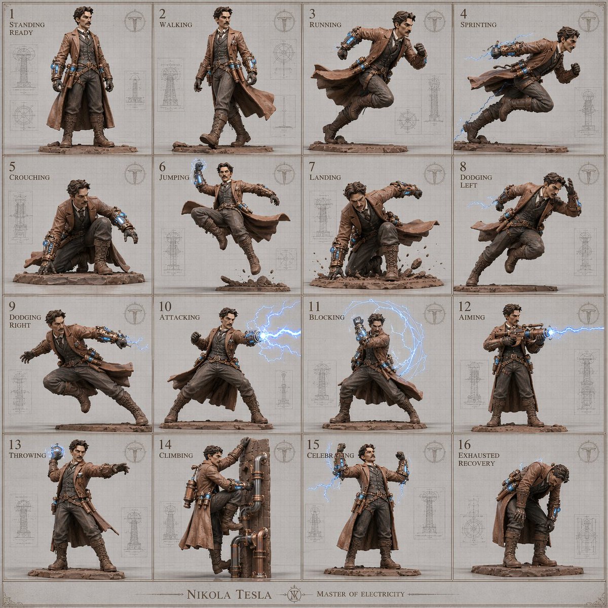 Tesla in Clay: 16 Dynamic Action Poses for an Action Game