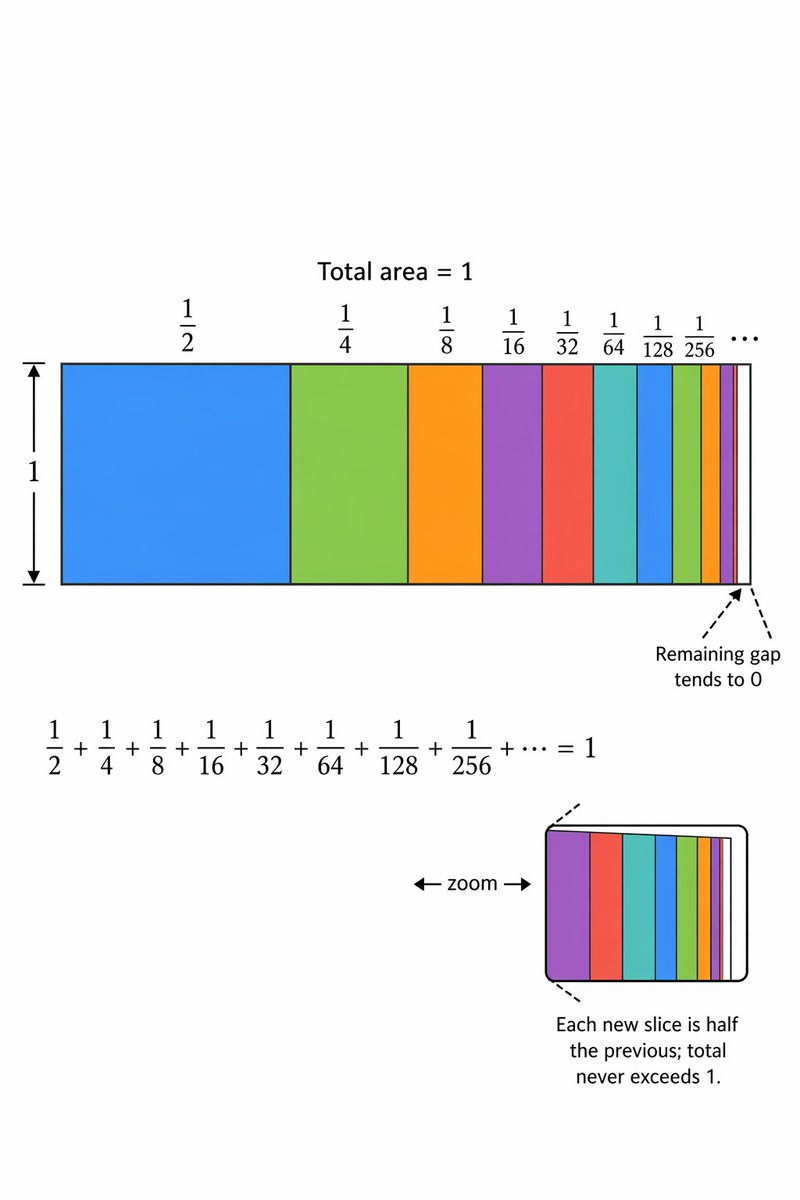 doodlestein's tweet image. 3) Prompt:

3. Geometric Series Filling a Strip

Identity: \displaystyle \frac12 + \frac14 + \frac18 + \frac1{16} + \cdots = 1

Core idea

A unit rectangle of fixed height 1 is filled from left to right by vertical subrectangles of width 1/2, 1/4, 1/8,\ldots. The eye sees that
