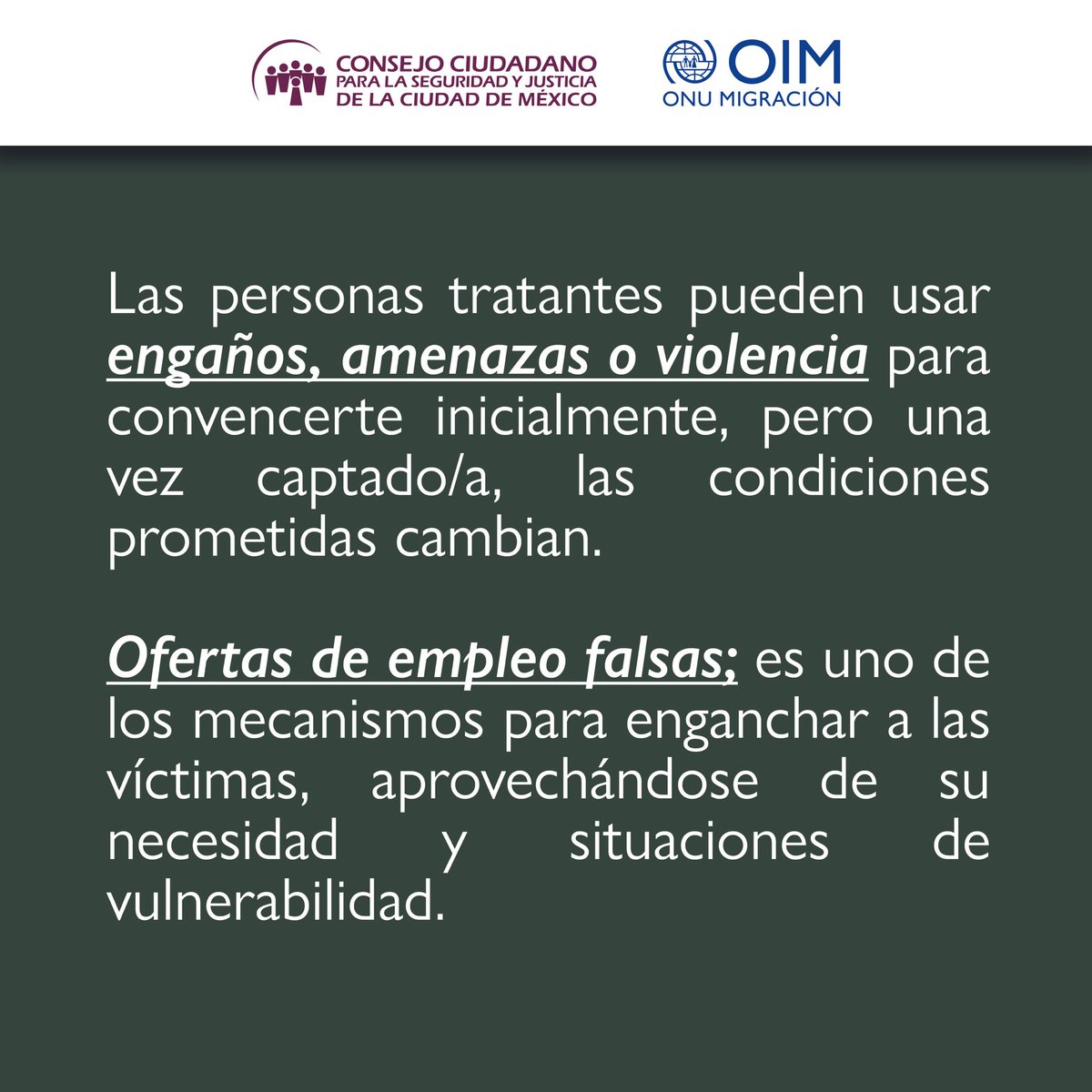 elconsejomx's tweet photo. La Trata de Personas utiliza engaños, amenazas o falsas ofertas de trabajo. En #ElConsejo brindamos orientación, apoyo psicológico y acompañamiento 24/7, de forma gratuita y confidencial en nuestra Línea y Chat Nacional contra la Trata 800 5533 000.
@OIM_Mexico https://t.co/r4Lqd3297c