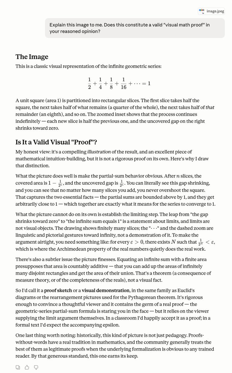 doodlestein's tweet image. 3) Prompt:

3. Geometric Series Filling a Strip

Identity: \displaystyle \frac12 + \frac14 + \frac18 + \frac1{16} + \cdots = 1

Core idea

A unit rectangle of fixed height 1 is filled from left to right by vertical subrectangles of width 1/2, 1/4, 1/8,\ldots. The eye sees that