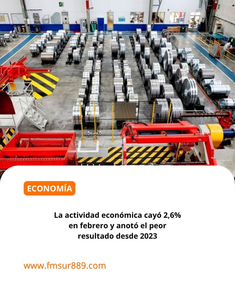 fmsur889ok1's tweet image. #Economía La #ActividadEconómica cayó 2,6% en #Febrero y anotó el peor resultado desde 2023