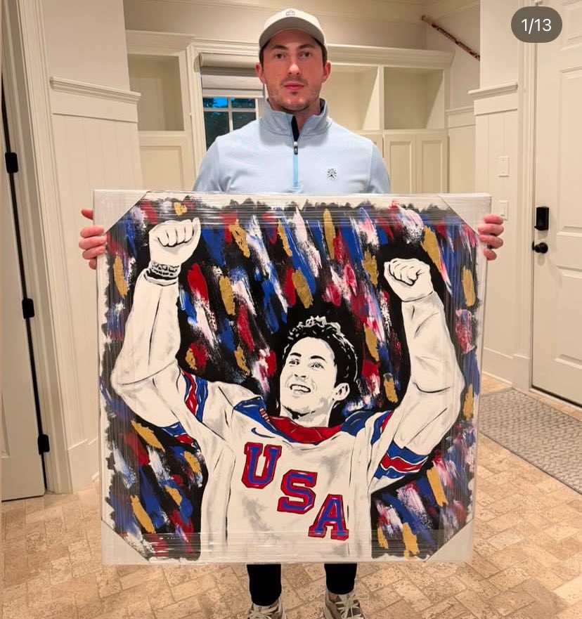 Meredith Gaudreau had this made as a gift for Zach Werenski as a thank you for thinking of Meredith and Johnny’s kids after winning the Gold Medal in the Olympics. Truly amazing❤️ #cbj 

📸/ instagram jb_artmtl