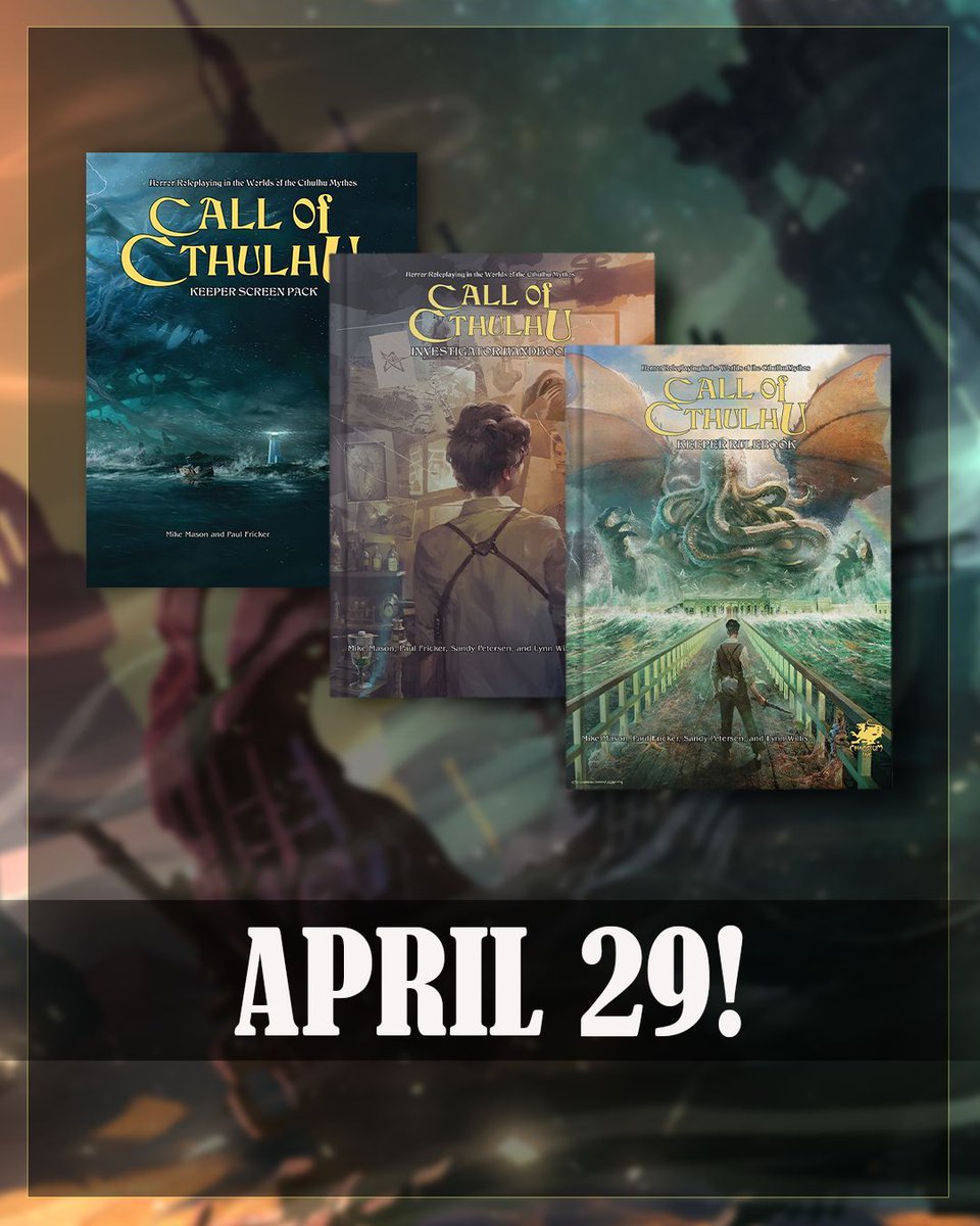 The Call of Cthulhu Slipcase - Chaosium 50th Anniversary Edition, is releasing next week!

The slipcase contains the Keeper Rulebook, Investigator Handbook, and Keeper Screen pack, with all-new covers.