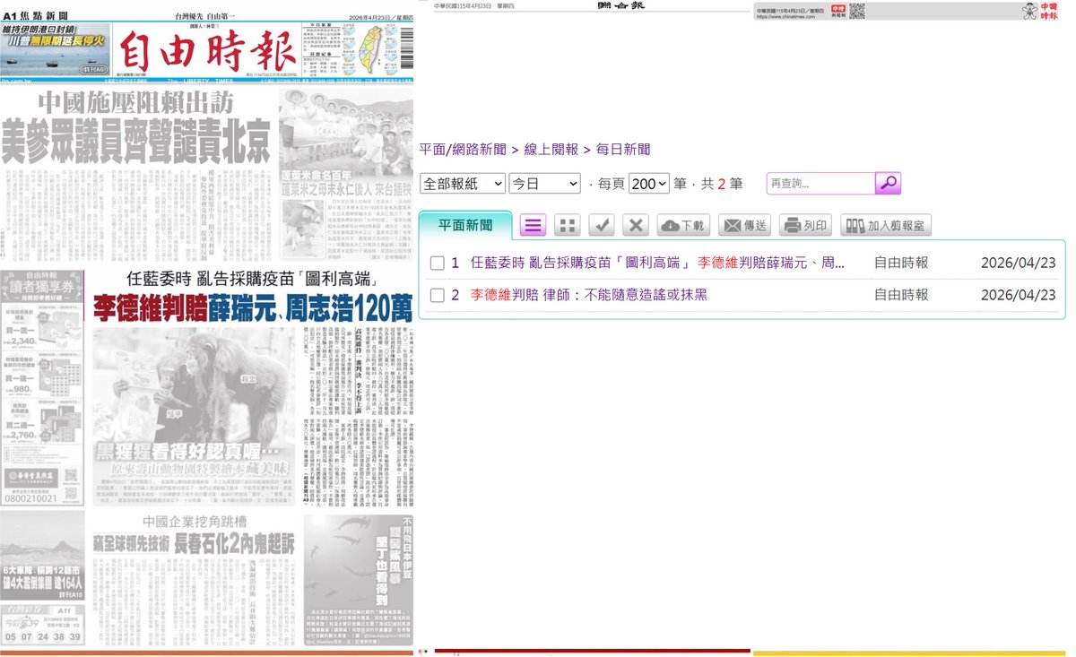 tseng_weichen's tweet photo. ��小報看不到李德維抹黑遭判賠120萬

連家奴李德維2022年11月告薛瑞元、周志浩圖利高端疫苗；在檢方不起訴後，薛、周提各向李德維求償200萬元。高院判李德維須各賠償兩人60萬元，這李德維已不得上訴，但薛、周仍可上訴。

聯合報、中國時報今天看不到這條新聞。但回到2022年11月11日，兩小報可兇了！ https://t.co/47oTwc6n5Y
