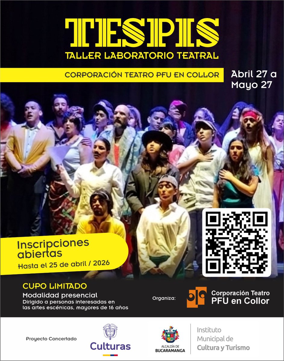 pfuteatro's tweet photo. 🎭Ya puedes inscribirte al Taller Laboratorio Teatral Tespis 2026. Encuentra fechas, horarios y requisitos en el link https://t.co/O5WtBBRokv Proyecto concertado con el @mincultura @IMCTBGA https://t.co/eROBj2KS68