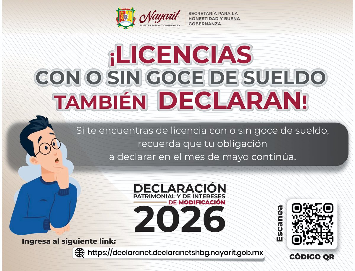 shbgnayarit's tweet photo. Si eres Persona Servidora Pública del gobierno del estado de Nayarit, 𝘆 𝘁𝗲 𝗲𝗻𝗰𝘂𝗲𝗻𝘁𝗿𝗮𝘀 𝗱𝗲 𝗹𝗶𝗰𝗲𝗻𝗰𝗶𝗮 𝗰𝗼𝗻 𝗼 𝘀𝗶𝗻 𝗴𝗼𝗰𝗲 𝗱𝗲 𝘀𝘂𝗲𝗹𝗱𝗼, debes presentar tu declaración patrimonial y de intereses de Modificación 2026 https://t.co/Ry1urEJRGw