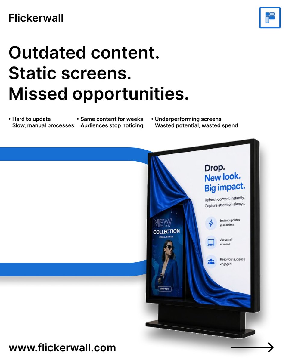 flickerwallApp's tweet image. Most digital signage setups are underused—
not because of hardware, but because updating content is too slow or too complex.

Flickerwall changes that.

So your screens don’t just exist—
they perform.

#DigitalSignage #RetailMarketing #CustomerExperience #MarTech #Flickerwall
