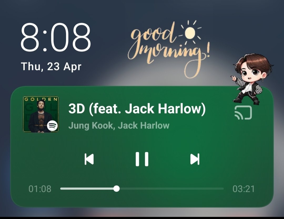 LidiaTan75's tweet image. ☀️ GOOD MORNING ☀️

👋 Hi, I'm Listening 🎧 #3D by #JUNGKOOK from his Album 📀 "GOLDEN" on Spotify!💚

🔗 open.spotify.com/track/6xGr4tVz…

PLEASE KEEP SUPPORTING JUNGKOOK'S MUSIC 🎶 🫶 
#JungKook_GOLDEN #JUNGKOOK #정국 🔥