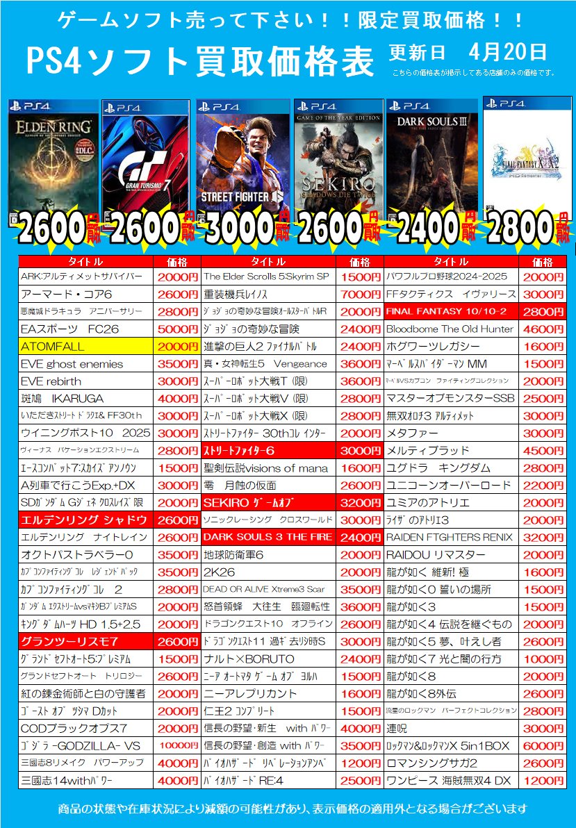 yanagyu1's tweet image. 🕺ゲームソフト買取価格更新させて頂きましたー🕺

🌟遊び終わったゲームはぜひ当店でお買取りさせてください🌟

商品の状態や在庫状況・相場状況により減額の可能性があり、表示価格の適用外となる場合がございます。

#スイッチ #PS5 #PS4 #買取