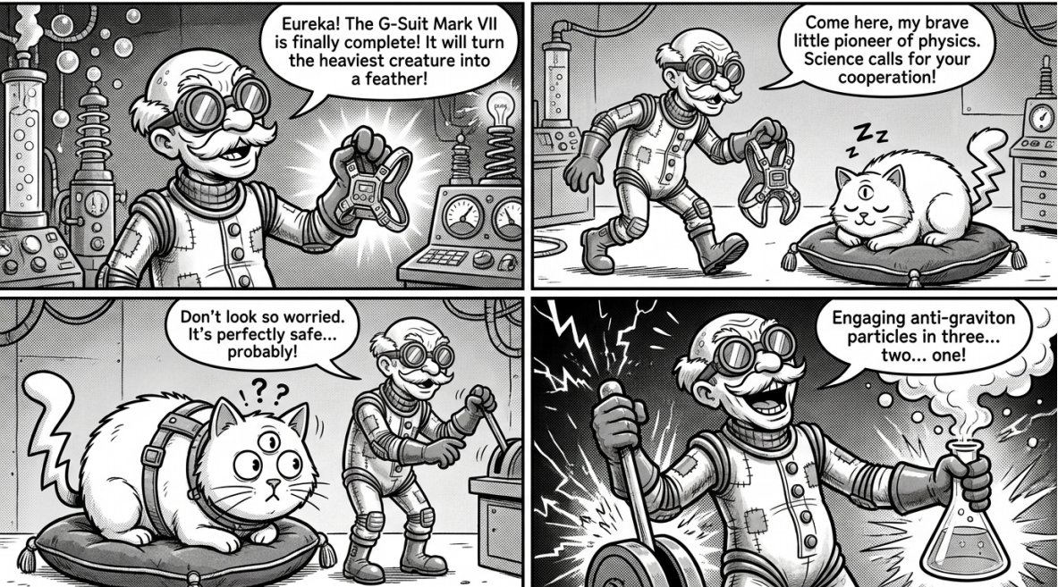 v_qh_v's tweet photo. Same character, bigger story. Built an anti-gravity suit and tested it on the lab cat — in 4 chapters of AI-generated retro cartoon comics.

One consistent character across every panel. All made with AI.

#AIart #comicart #buildinpublic #retrocartoon https://t.co/TSSmuSi8qK