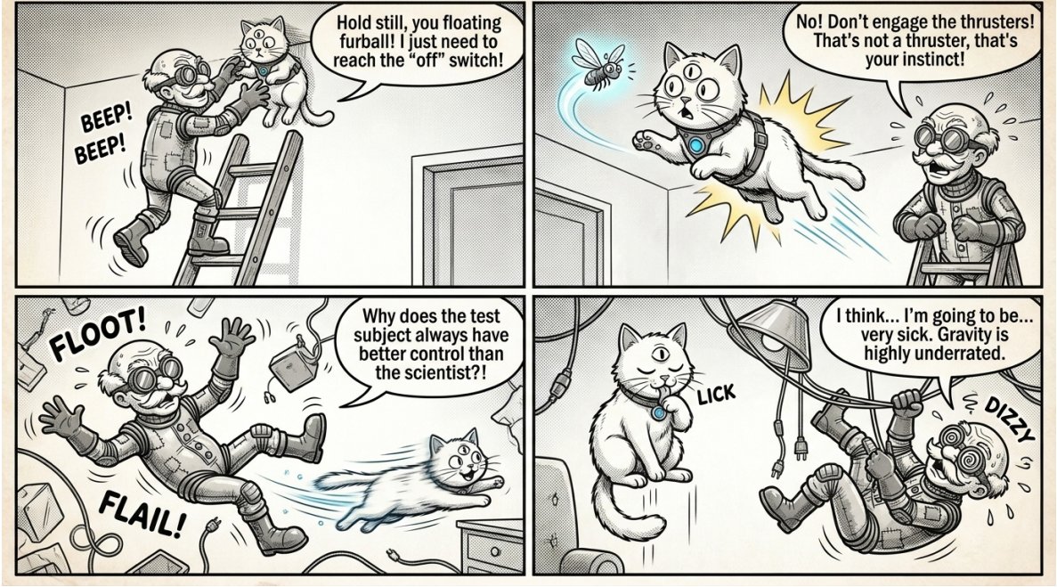 v_qh_v's tweet photo. Same character, bigger story. Built an anti-gravity suit and tested it on the lab cat — in 4 chapters of AI-generated retro cartoon comics.

One consistent character across every panel. All made with AI.

#AIart #comicart #buildinpublic #retrocartoon https://t.co/TSSmuSi8qK