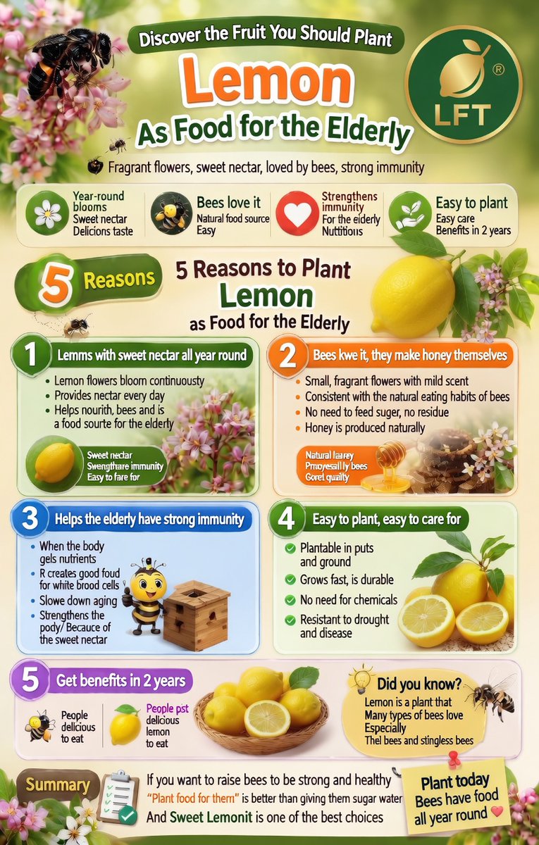 LemonFarmTh's tweet photo. 🍋 Plant Sweet Lemon as food for the elderly & your bees! Year-round fragrant flowers + sweet nectar = natural food source bees love. No sugar water needed,
they make pure honey themselves!

5 reasons to plant:
• Blooms all year🍋
• Boosts elderly immunity🍋
• Easy care, grows fast🍋
• Benefits in 2 years🍋
• Bees & people both love it!Better than sugar water. 🐝

Plant today! 
Call: 0843-208-979 for Saplings, Lemon Fruit & Stingless Bee Honey.
#SweetLemon #Beekeeping #LFT #NaturalHoney