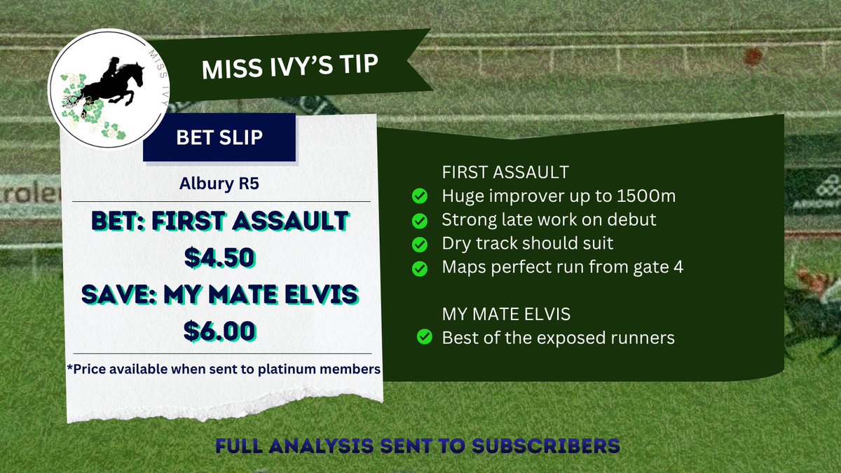 MissIvystips's tweet photo. * Today's Tip 🏇* :: 📍Albury R5
➡️BET: First Assault $4.50 (Sportsbet/Ladbrokes)
➡️ SAVE: My Mate Elvis $6.00 (All)
#alburyraces #firstassault #mymateelvis #horseracingtips https://t.co/CfXKE3aduQ