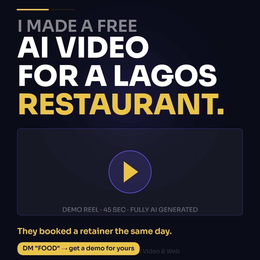 Samthereal79381's tweet image. I gave a Lagos restaurant an AI video demo last week. They'd never seen anything like it.

The Reality:

Cinematic shots

Pro voiceover

Done in 90 mins

No camera/crew

Result? They booked a retainer that same day. This is how we scale in 2026.

#AIvideo #VideoContent #AIcontent