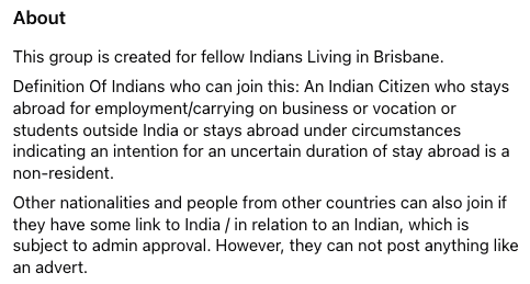 The 'Indians in Brisbane' Facebook group (20,000 members) has tougher entry requirements than Australia's immigration settings