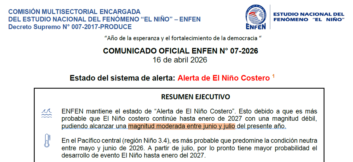 Mario___Ramirez's tweet photo. 22/04/26 #ElNiño costero 2026-27
#Región1+2 Mes de Inicio: Febrero 2026
(en progreso y continuidad fortalecimiento).
Pronóstico:
Magnitud #Moderada en Mayo 2026
( igual o mayor +1.3°C ) https://t.co/j5T6ktb1EV