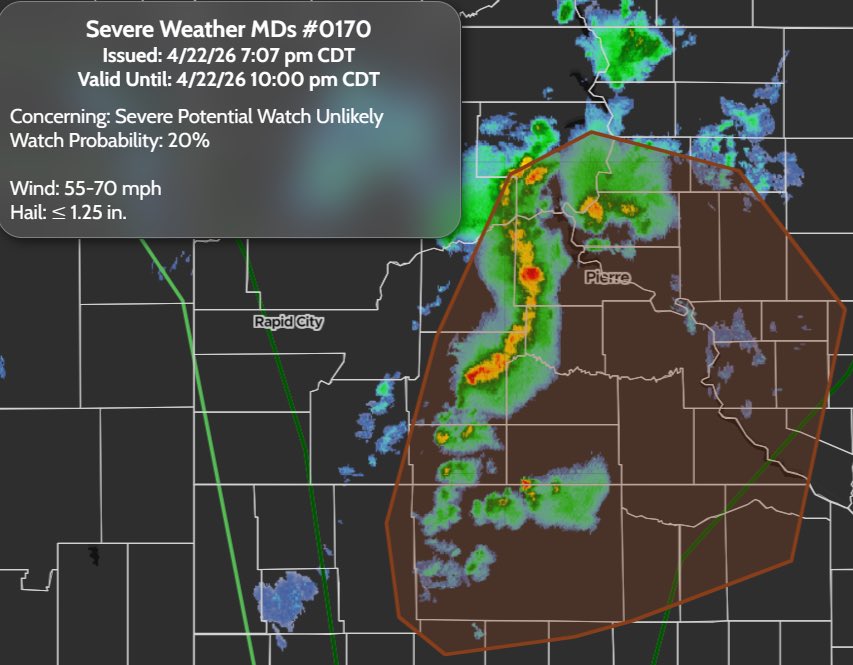 StormTrackingHQ's tweet image. Severe Weather MDs 0170 has been issued for parts of #SouthDakota and #Nebraska 

Concerning: Severe Potential Watch Unlikely 
Watch Probability: 20%

#Wind: 55-70 mph
#Hail: ≤ 1.25 in. 

Valid until 10:00 pm CDT Today

#wxtwitter #wxX #wx #severewx #severe #severeweather