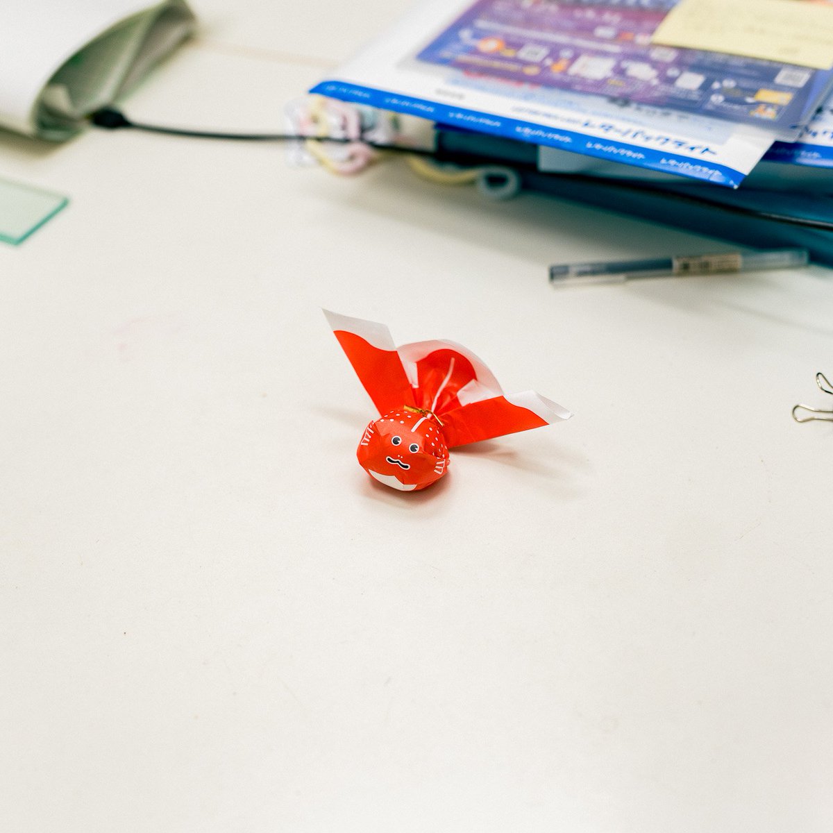 学外コンクールの授賞式に参加した生徒がお土産をくれました。武内製飴所さんの「金魚ねぶた」、ひと口羊羹です。とってもかわいいパッケージ！