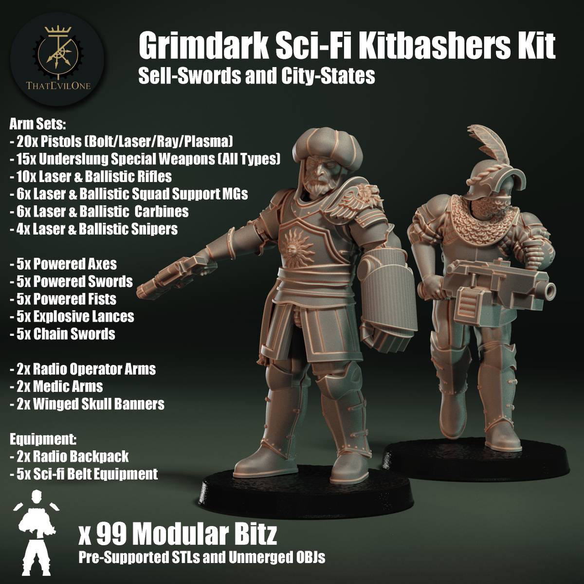 ThatEvilOne's tweet photo. Was our adventure into the realms of Fantasy not for you? Are you firmly focused on the Grimdark Science-Fantasy settings that dominate the miniature world? Then good news! 

The promised FREE Grimdark Bitz pack for the Sell-Swords and City-states has arrived! On MMF &amp; Cults3D! https://t.co/8aLsXcgEAS