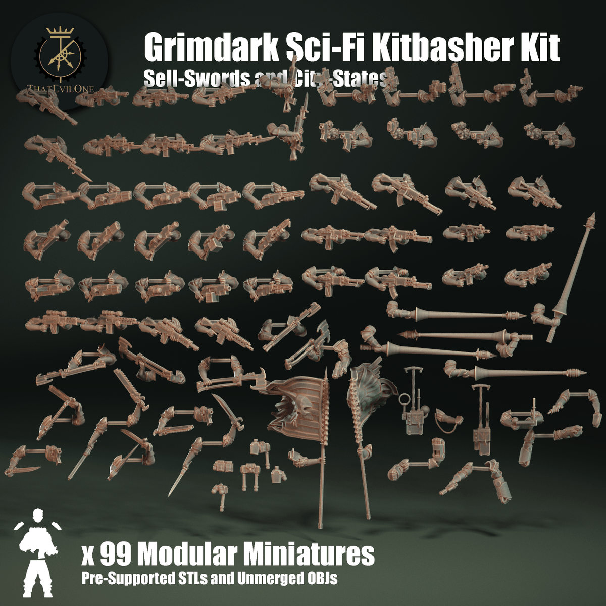 ThatEvilOne's tweet photo. Was our adventure into the realms of Fantasy not for you? Are you firmly focused on the Grimdark Science-Fantasy settings that dominate the miniature world? Then good news! 

The promised FREE Grimdark Bitz pack for the Sell-Swords and City-states has arrived! On MMF &amp; Cults3D! https://t.co/8aLsXcgEAS