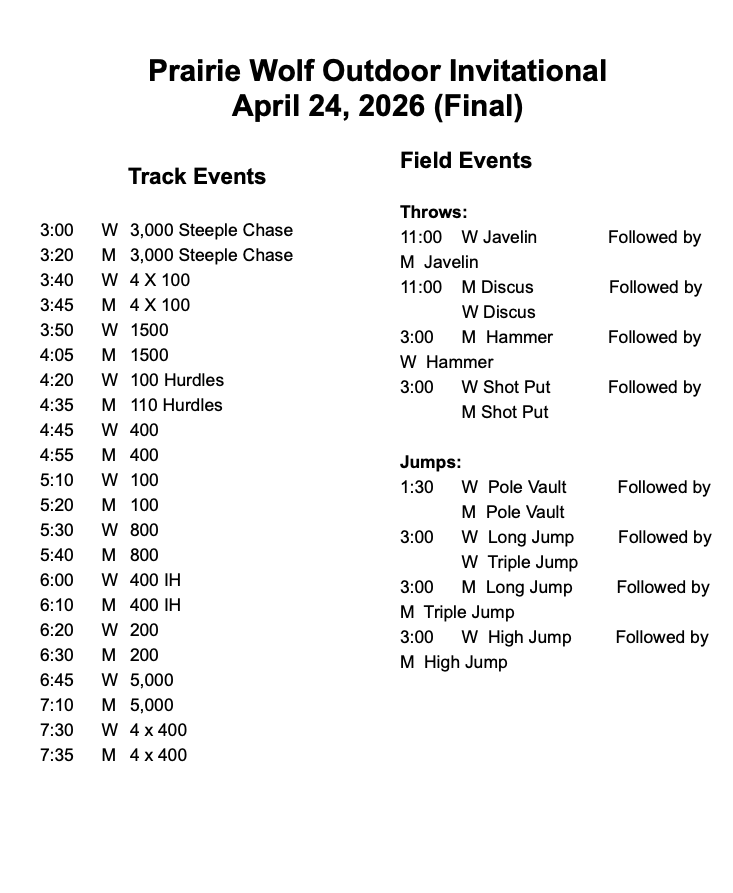 Scoop_DoaneTF's tweet photo. Hi again, everyone…here is the final version of the #PrairieWolfInvite schedule coming up on its rescheduled date, now Friday!
Live results: https://t.co/Dw3jsNE2Jp https://t.co/CgwKdYkHpg