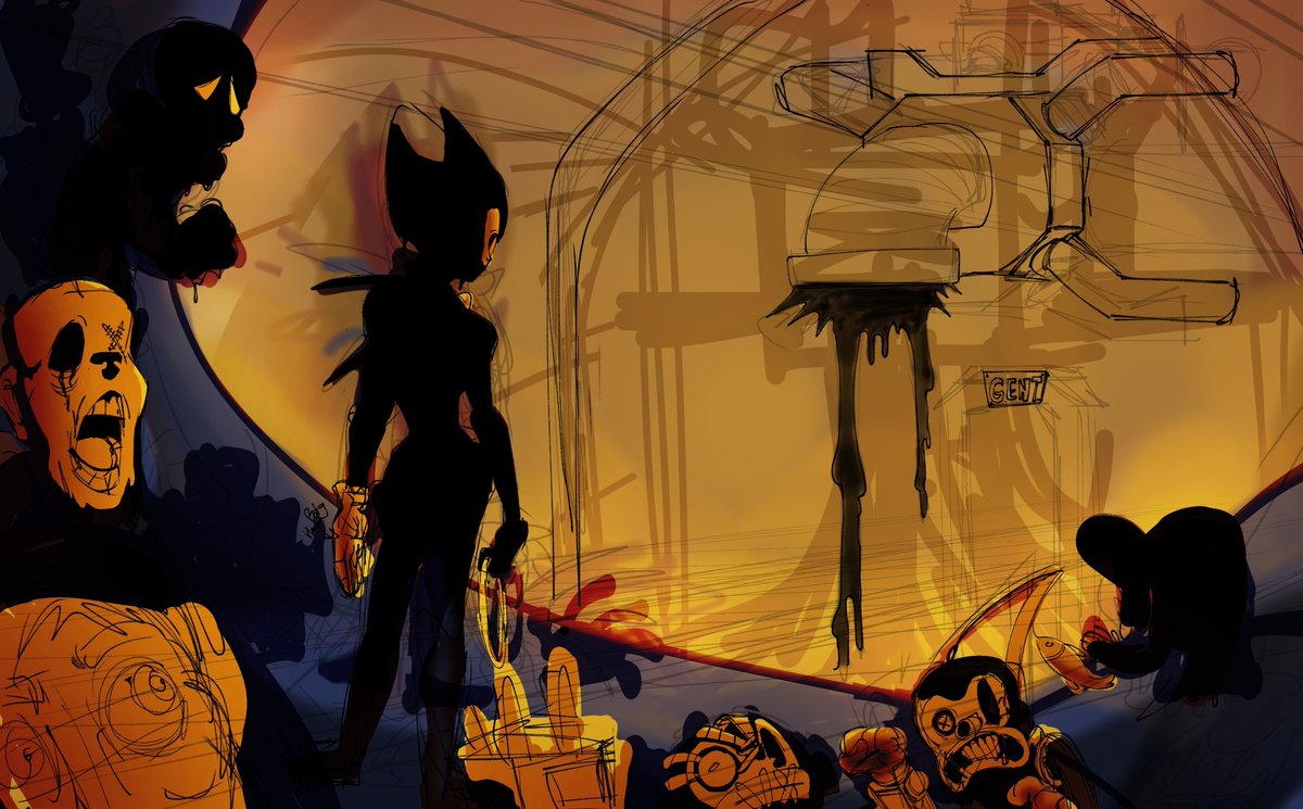 Loop_Toon_'s tweet image. Art from a couple months ago that I never finished but wish I did. (Might be posting more older art soon.) I’m pretty proud of how I drew the Butcher Gang here.
#Bendy #BATIM